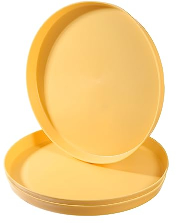 PATIKIL 9 Restaurant Serving Trays, 3 Pcs Round Non-Slip Food Service Tray Platter Reusable Plastic Fast Food Serving Tray for Bar Coffee Home Cafeteria Hotel, Yellow