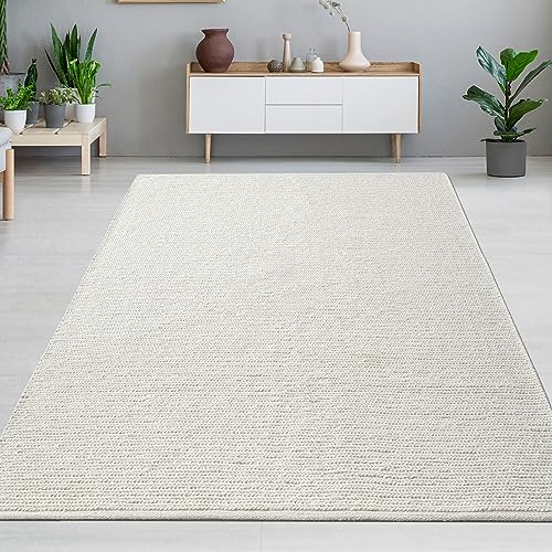 CARPETIA Teppich Wolle handgewebt Wollteppich Wohnzimmer Schlafzimmer Esszimmer robust modern Uni Creme, 160 x 230 m