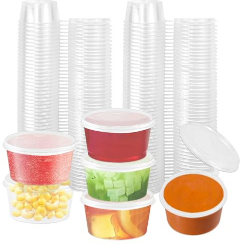 ADERTOS Ollas de salsa con tapas, 100 tazas redondas de salsa con bisagras de 35 ml/1.2 onzas, macetas transparentes pequeñas de delicatessen, vasos de chupito de gelatina reutilizables, vasos de