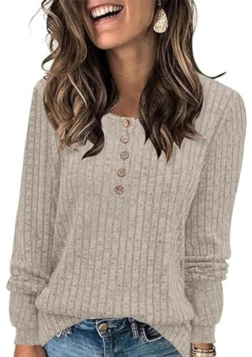ABINGOO Damen Pullover Lässige Sweater Leichtes Henley Shirt Rundhals Herbst Strickpullover Einfarbig Langarm Locker Basic Tunika Tops(Cremefarben,L)
