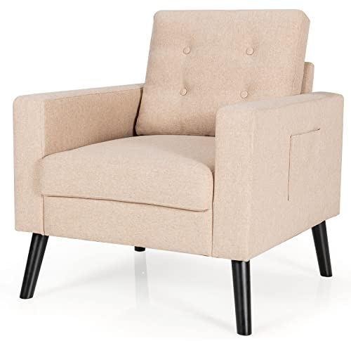 HOMASIS Sessel mit 2 Seitentaschen, Relaxsessel mit Rückenlehne & Armlehnen, Sitztiefe 53 cm, Polstersessel mit Holzbeinen, Einzelsofa Fernsehsessel für Wohnzimmer Schlafzimmer, 67 x 81 x 86 cm(Beige)