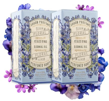Panier des Sens - Savon Solide - Savon Main & Corps Pétales d'Iris - À l'Huile d'Olive - Soin Corps pour Femmes et Hommes - Fabriqué en France - Naturel 97% d'Ingrédients Naturels -2x150g