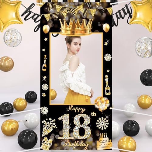 POPOYU 18 Geburtstag Rahme,Deko 18. Geburtstag mann Banner,Banner 18.Geburtstag.mann,deko 18.geburtstag. Schwarz Gold banners,18.Geburtstags Photo Booth Rahmen für.mann Frauen GeburtstagParty Zubehör