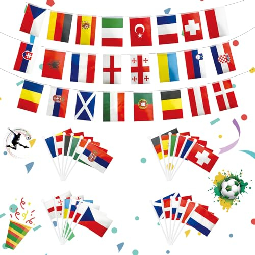 Shinybox Em 2024, EM Fahnen Wimpelkette und EM Flagge Klein, Fussball 2024 Europa Flagge mit Doppelseitig 24 Länder Fahnenkette Flaggen und 24 Länder Handgehaltene Flaggen für Europameisterschaft(A)