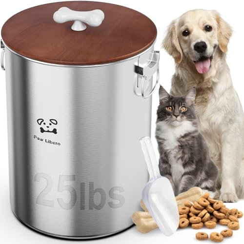 Paw Libero 25 Lbs Stainless Steel Dog Food Storage Container with Airtight Wooden Lid & Ceramic Bone Handle, Large Metal Dog Food Bin for Dogs & Cats, Keep Fresh, Easy to Clean