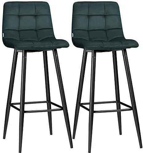 HOMCOM Barhocker 2er Set, Gepolstert Barstuhl mit Stahlgestell, Lehne, Samtoptik, Küchenstühle mit Fußstütze Tresenhocker für Küche, Wohnzimmer, Esszimmer Grün