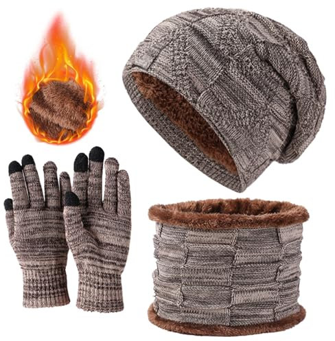 3 en 1 Bonnet Homme Hiver Ensemble Gants Echarpe-Unisex Bonnet Chapeau et Echarpe Cache Cou en Polaire Gant Tactile pour Homme Femme (Kaki,Taille Unique)
