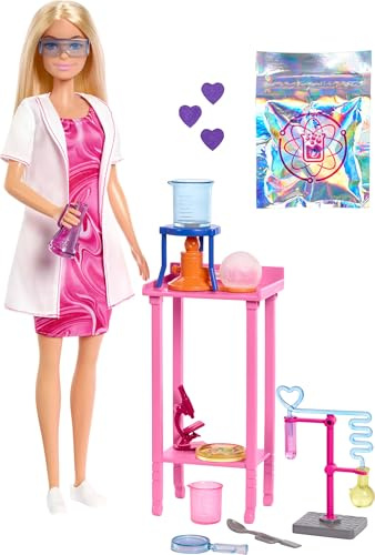 Barbie Careers Wissenschaftlerin Puppe und Zubehör | Blonde Modepuppe inkl. Labortisch, Mikroskop und Farbwechsel-Becherglas Petri-Schale, ab 3 Jahren, JCR70