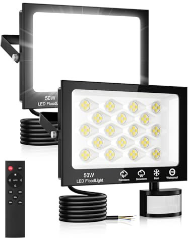 Projecteur LED Exterieur Detecteur de Mouvement 50W,5000LM Spot LED Extérieur avec Télécommande,6500K Blanc Froid Projecteur Extérieur,IP66 Etanche Eclairage Exterieur pour Garage Jardin Patio