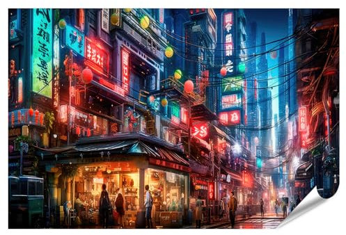 islandburner XXL Bild Poster Konzept Liebreizende Anime Cyberpunk-Stadt Digitale Nacht-Malerei Premium Bilder Fotodruck