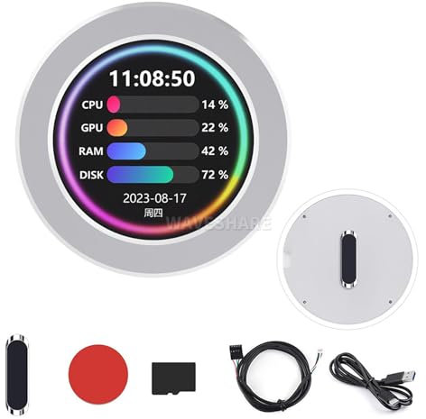 2.1inch CPU/GPU Cooler Round LCD Display AIO Computer Temp Monitor for Water Cooling Systems IPS Panel 480×480 Resolution Type-C One-Cable CNC Metal Case Silver