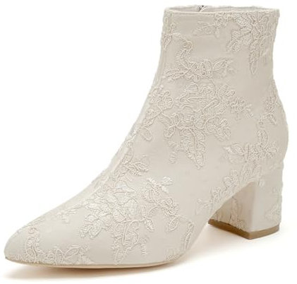 smlekwc Damen Reißverschluss Spitze Brautschuhe Geschlossen Spitz Zehen Kleid Pumps Hochzeit Partei Abschlussball Mittlerer Stämmiger Absatz Stiefeletten,Elfenbein,37 EU