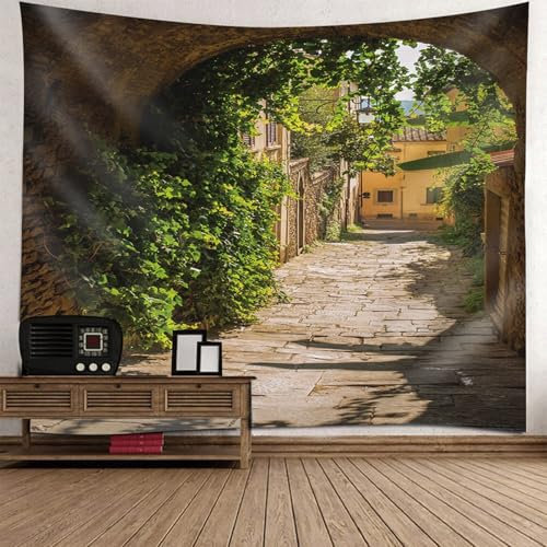 Epinki Wandtuch Khaki Grün, Landschaft Natur Wandteppich Kleinstadtstraßen Tapisserie Polyester Wandbehänge für Wohnzimmer Schlafzimmer Wohnheim Wanddeko, 210x140cm