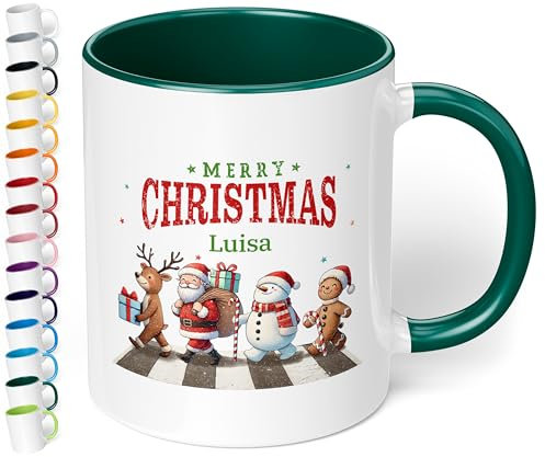 Geschenk zu Weihnachten: Tasse „Merry Christmas - Weihnachtsfiguren“ - personalisiert mit Namen - Adventszeit, Keramik, ca. 330ml, Dunkelgrün