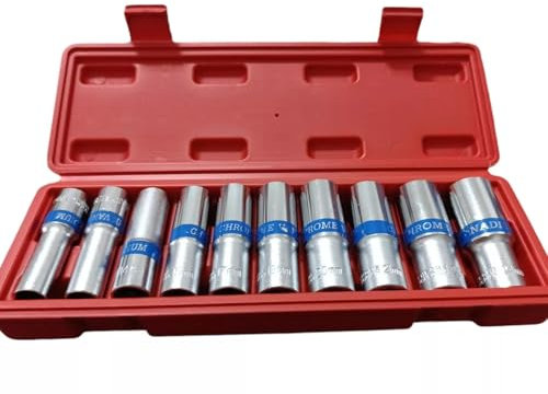 Juego de 10 llaves de vaso largas de 1/2 de 12 a 24 mm – Llave hexagonal de acero Cr-V – Compatibles con destornillador y taladro – Con funda compacta – Kit profesional mecánico