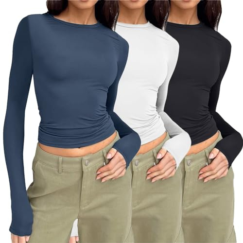 Beichwtd 1er oder 3er Pack Basic Slim Fit Langarmshirt Damen Enges Y2K Top Schwarz und Weiß Langarm Rundhals Unterziehshirt Elegant Sexy Oberteile Cropped Tee Longsleeve Dupe