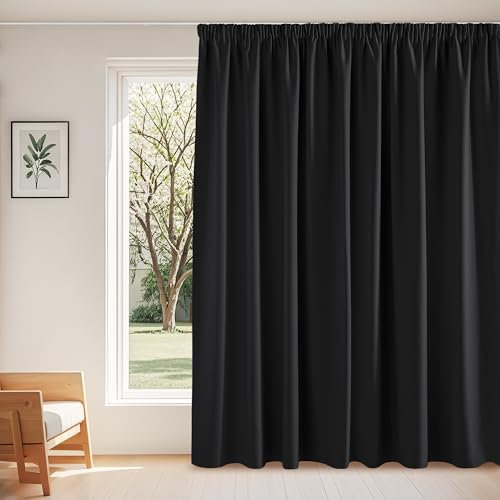 PONY DANCE Schlafzimmer Gardinen Schwarz Blickdicht für Große Fenster 1er Set H 245 x B 300 cm, Thermovorhang gegen Kälte Abdunkelnde Vorhänge mit Kräuselband für Schienensystem