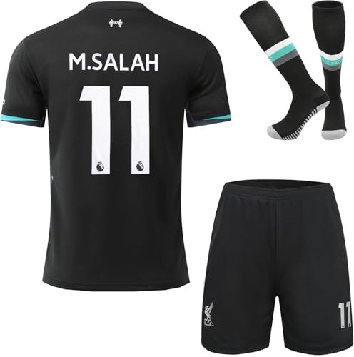 HUSSATEX Lpool 2024/2025 Salah Mo. Auswarts Kinder Fußball Trikot & Shorts mit Socken Geschenk Set Jugendgrößen (Schwarz,28)