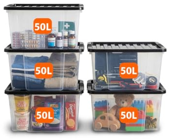 ORGANIZED 50L Clear Plastic Storage Boxes with Black Clip Lids – Stackable Storage Containers, Strong Durable Storage Bins for Home, Garage, Office & Bedroom - Set of 5