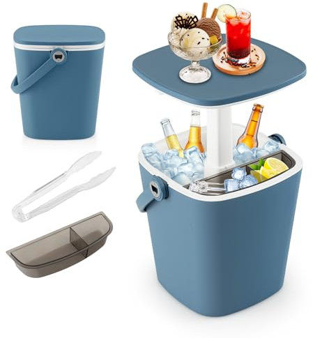 SOARS Bar Exterior 3 en 1 15L, Mesa auxiliar ajustable en altura 35 x 34 x 37-58 cm, con caja de hielo, abrazadera, refrigeración hasta 6H, mesa para jardín, piscina, sala de estar, dormitorio (azul)