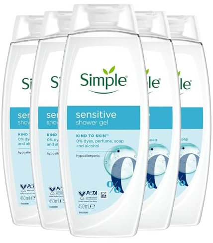 Simple Kind to Skin Sensitive Shower Gel ultra-gentle & hypoallergenic body wash for sensitive skin 450 ml Pack of 5