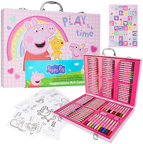 Peppa Pig Maletin Pinturas para Niños con Más de 130 Piezas, Set de Pintura, Lápices, Ceras, Rotuladores, Pegatinas y Hojas para Colorear, Regalo Niña