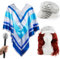Damen 70er Jahre Pop Star Kostüm Set - Blau und Silber Poncho, Lange Rotbraun Perücke, Glitzer Mikrofon & Pailletten Hut - Erwachsene 1970er Jahre Disco Verkleidung Outfit für Partys