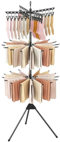 RELAX4LIFE Folding Clothes Drying Rack, 3-Tier Clothes Airer Laundry Stand with 24 Clips, 32 Hanging Rods and 360° Rotatable Arms, 178cm Freestanding Tripod Towel Rack Dryer Hanger for Indoor Outdoor