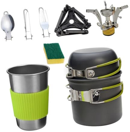 1 Juego Utensilios de Cocina de Aluminio para Camping Portátil de Ollas y Utensilios para Personas Incluye Accesorios y Esponja de Limpieza