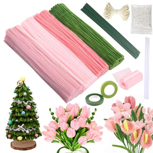 Pipe Cleaners for Craft Flowers, Pipe Cleaner Flower Kit, 400Pcs Pipe Cleaners Craft Kit for Tulip Bouquet - Complete Flower Making Set with Chenille Stems, Florist Wire, Video Tutorials (Pink)