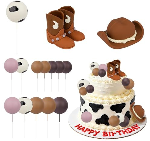 16 Pcs Brown Cowboy Cake Toppers Wild West Cowboy Party Decorations | Country and Western Party Decorations, Cowgirl Boots and Hat Cake Toppers for Halloween, Christmas, New Year, Birthday