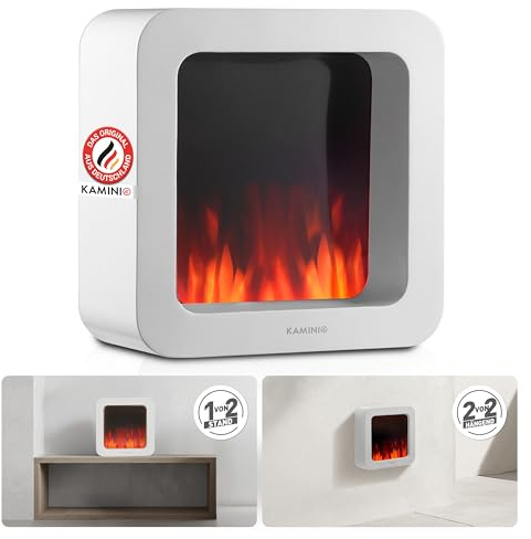 KAMINIO Elektrischer Tischkamin Mia L - Dekoratives Elektro-Tischfeuer mit 3D-Flammeneffekt, ausdauerndem Akku für Portable Nutzung (Weiß, 10/25cm)