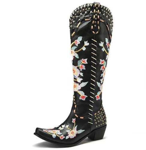 Generico Donna Tacco A Blocco Stivali Alti Fino al Ginocchio con Borchie Punta Quadrata Pelle PU Stivali Lunghi Tirare su Scarpe Western Cowboy con Ricamo Cucito,Nero,41.5 EU