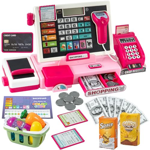 SUNNYNEST Kids Pretend Play Toy Till Cash Register Toy Playset Children Shopping Cashier Play Till Childs Supermarket Shop Toys Educational Learning Toy for Boys & Girls Ages 3+ (Pink)