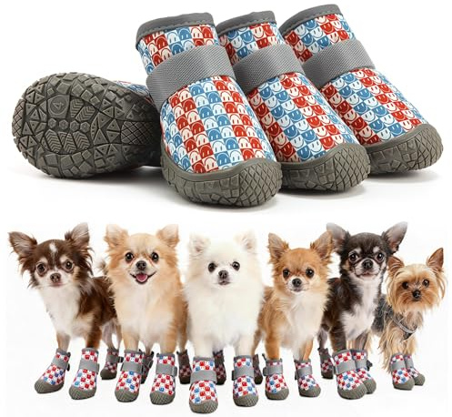 GAZIL 4-teiliges Set Hundeschuhe, rot-Blaue wasserdichte leichte Hundestiefel für verletzte Pfoten, Flexible Pfotenschützer mit Rutschfester Sohle für kleine Hunde 6–9 kg (Pfotenlänge bis 4,8 cm)