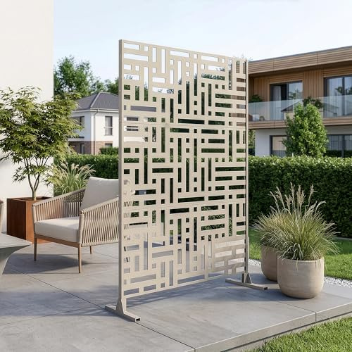 casa.pro Trennwand Bernalda Raumteiler 180 x 120 cm Balkonsichtschutz Outdoor Indoor Raumtrenner Terrasse Garten Stahl Paravent freistehend Knoblauchbeige