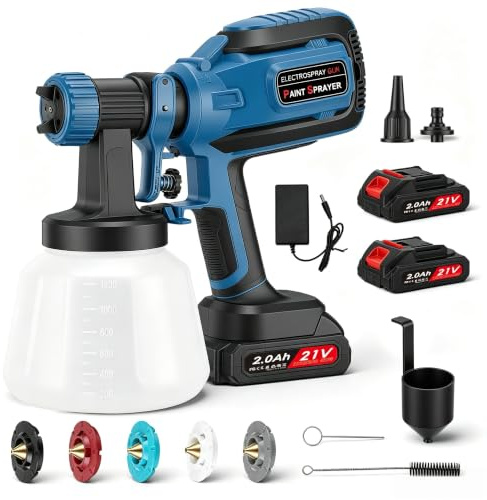 Pistolet à Peinture sans Fil 21V, 800 ML/Min Pistolet Peinture Electrique HVLP avec 5 Buses & 3 Modes de Pulvérisation, 1200 ML Réservoir, 2X Batteries 2000mAh – Idéal pour Meubles, Clôtures, Portes