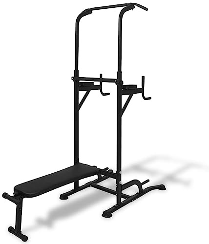 GeenYuu Power Tower med sit-up-bänk, höjdjusterbar 182–235 cm, pulverlackerad stålram, rymmer upp till 150 kg, multifunktionell träningsutrustning för pull-ups, dips