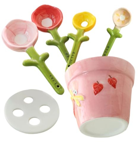 Flower Measuring Spoons Floral Ceramic Decorative Gadget Set | Measuring Spoons Cute for Baking Cooking Kitchen Dish Home House Indoor Table Women Men