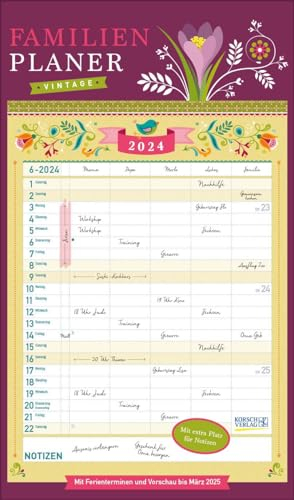 Familienplaner Vintage 2024: Familienkalender, 5 große Spalten. Familientimer mit Ferienterminen, extra Spalte und Vorschau bis März 2025. Format: 27 x 46 cm