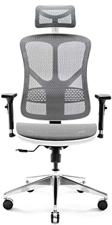 Diablo V-Basic Bürostuhl Ergonomisch Schreibtischstuhl Drehstuhl mit integrierter Lendenwirbelstütze 3D Armlehnen Verstellbare Kopfstütze Wippfunktion Höhenverstellbar (weiß/grau)