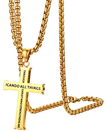 OIDEA Herren Bibel Kreuz Halskette: Gold Philippians 4:15 Bibel GebetKreuzanhänger mit Venezianischer Kette aus Edelstahl Weizenkette mit Kreuz Anhänger Geschenk für Männer Sohn Vater