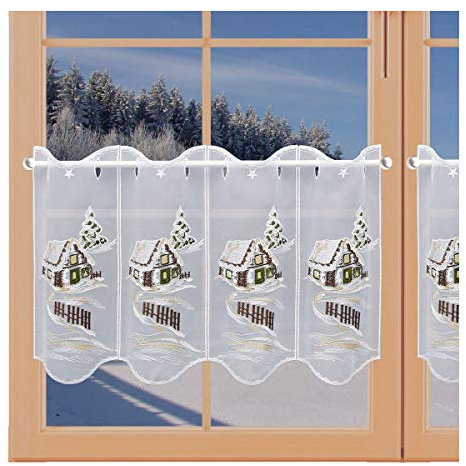 artex deko Winter-Panneau Haus im Schnee Weihnachts-Scheibengardine Echte Plauener Spitze 30 x 96 cm