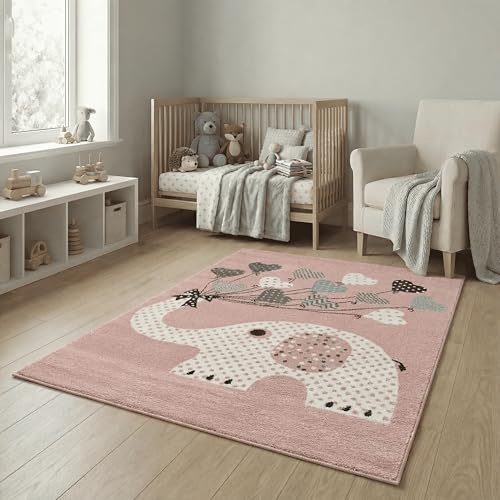 Jimri Kinderteppiche Elefant mit Herzen Ballons | Teppich für Kinderzimmer | geprüft von Öko-Tex (Größe: 80x150 cm)
