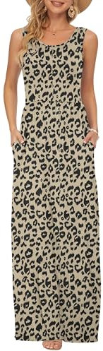 AUSELILY Damen Sommer Ärmelloses Lockeres Maxikleid Lässiges Langes Kleid mit Taschen Leopard XL