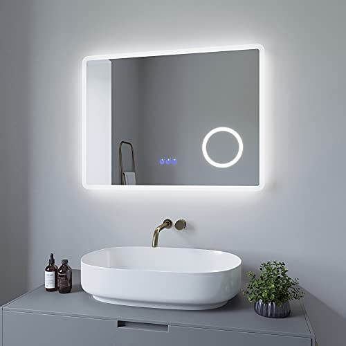 AQUABATOS 80x60 cm Badspiegel mit Beleuchtung Badezimmerspiegel LED Lichtspiegel Wandspiegel. Touch-Schalter Dimmbar, Kaltweiß 6400K, Warmweiß 3000K, Spiegelheizung, Schminkspiegel, IP44, CE