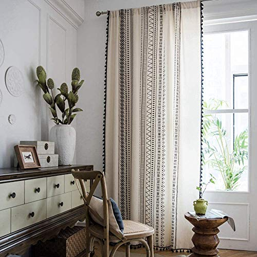 CoutureBridal Gardinen Vorhang Durchscheinend Schwarz und Weiß Leinen mit Quaste Verdunkelungsgardine Wohnzimmer Schlafzimmer Geometrischmuster Blickdichte Vorhänge (B 140cm x H 90cm,1 Stück)