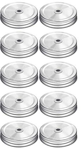 courti 10 Stainless Steel Mouth Mason Jars Lids With Straw, Reusable Metal Cup Lid With Holes Suitable For Children And Adults