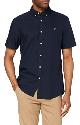 Farah Men's Brewer Slim FIT Cotton Oxford Shirt, Navy, XL