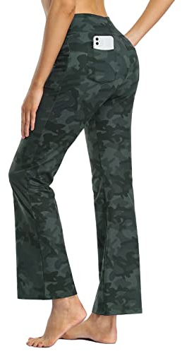 MOVE BEYOND Damen Yogahose Sporthose Bootcut Butterweiche Jogginghose Schlaghose Leggings mit Taschen, Tarnung, L